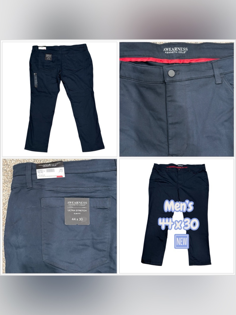 Men's Kenneth Cole Pant 44 x 30 Awareness Pants Chino Navy Blue Slim Straight